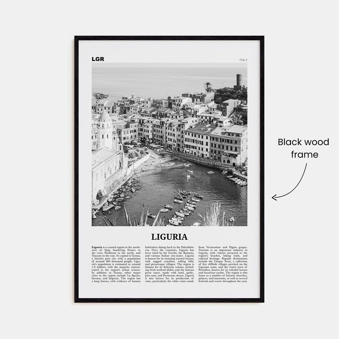 Liguria Black And White Map Art Print, Italy - Image 3
