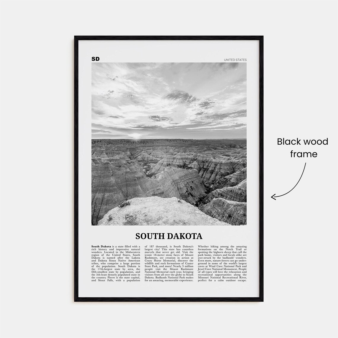 South Dakota Black and White No. 2 Travel Poster - Image 3