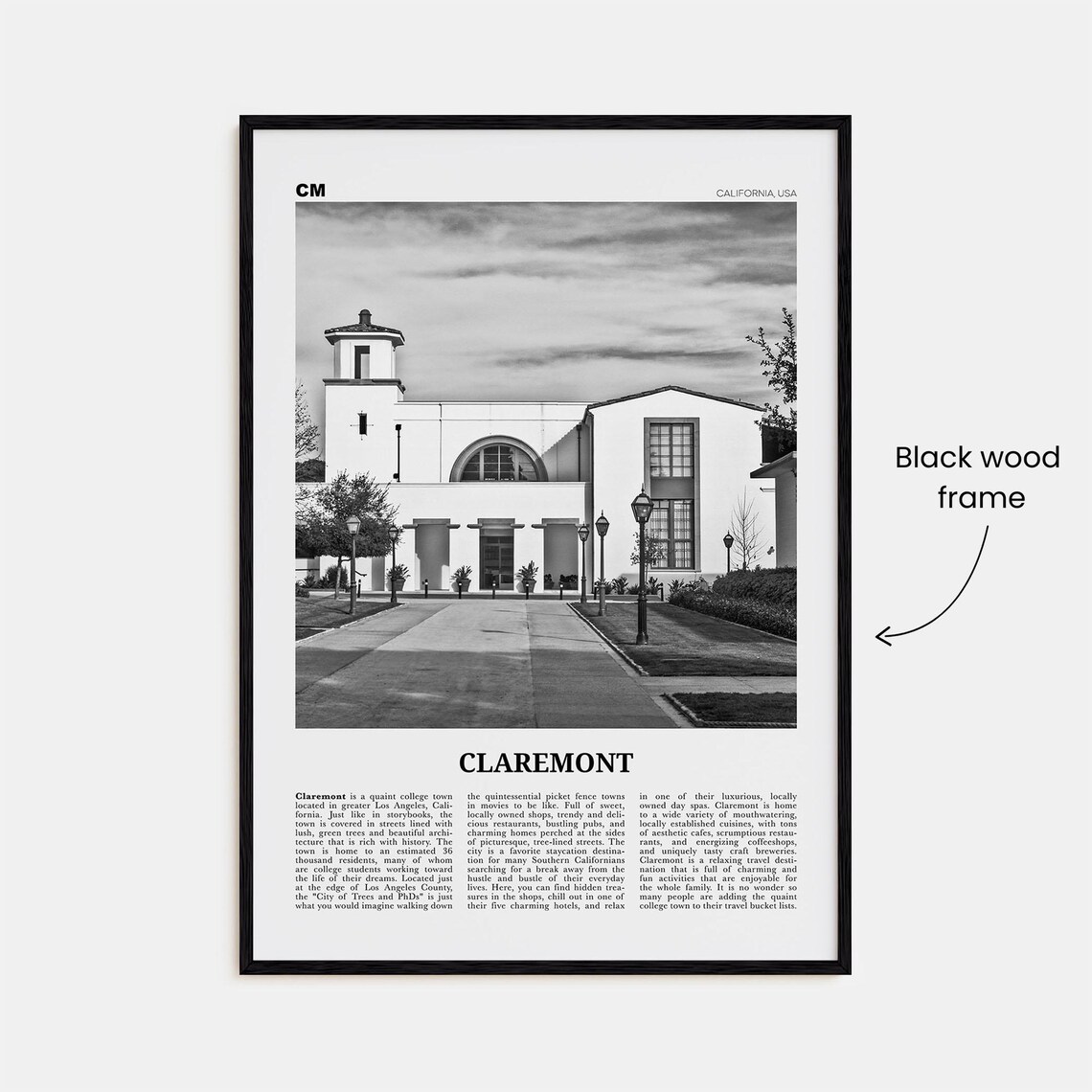 Claremont Black and White Travel Poster, California - Image 3