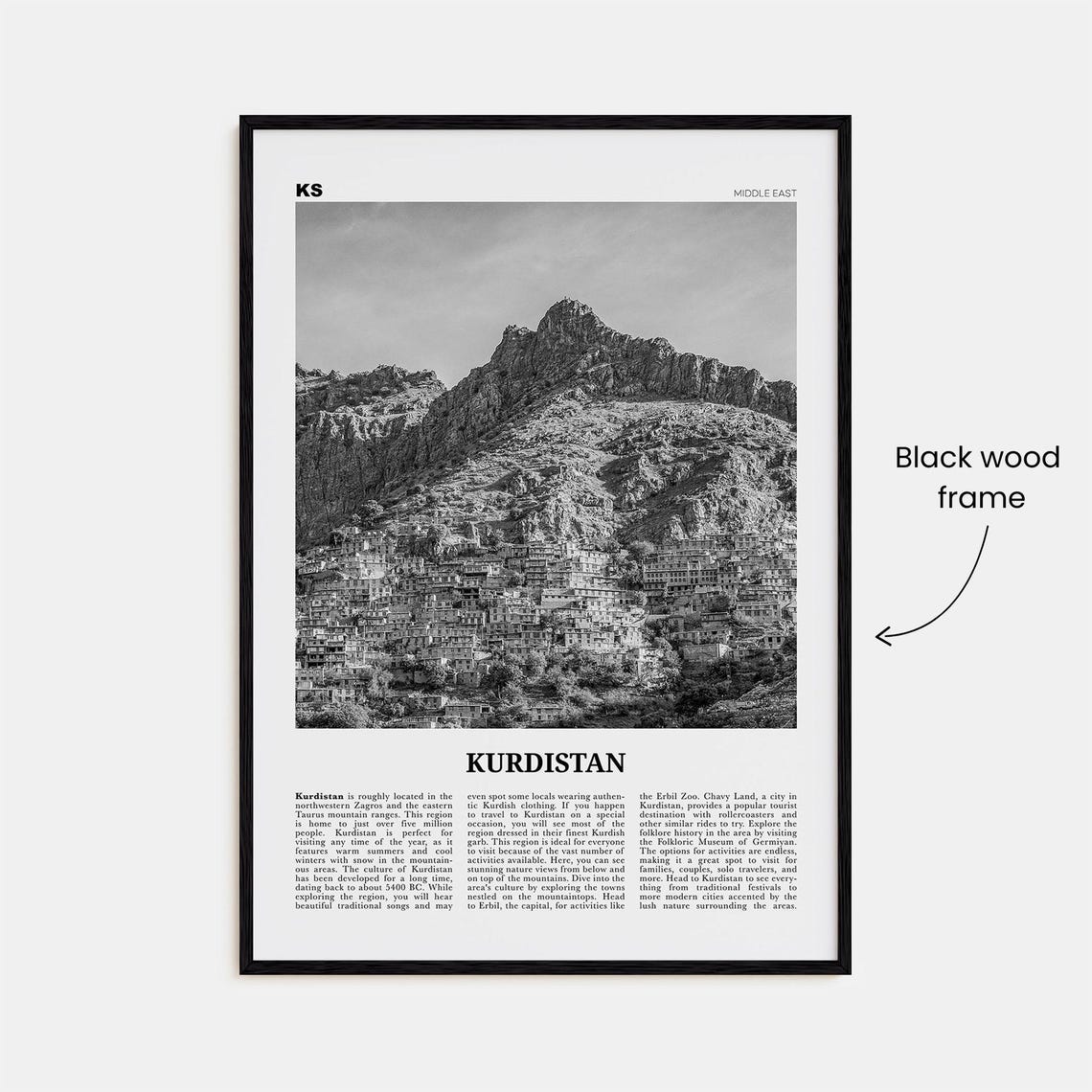Kurdistan Black and White Map Travel Poster - Image 3