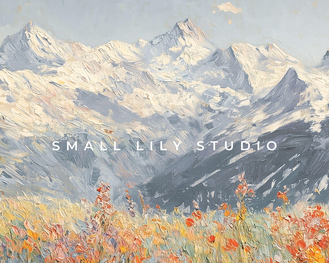 Alps Snow Peaks Wildflower Meadow Vintage Spring Landscape Painting Art Print - Image 4