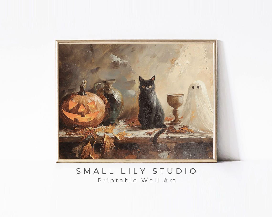 Black Cat Ghost Jack O Lantern Moody Vintage Halloween Painting Poster