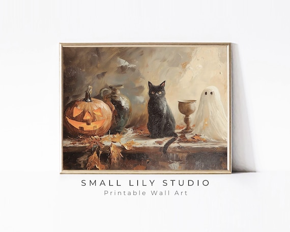 Black Cat Ghost Jack O Lantern Moody Vintage Halloween Painting Poster