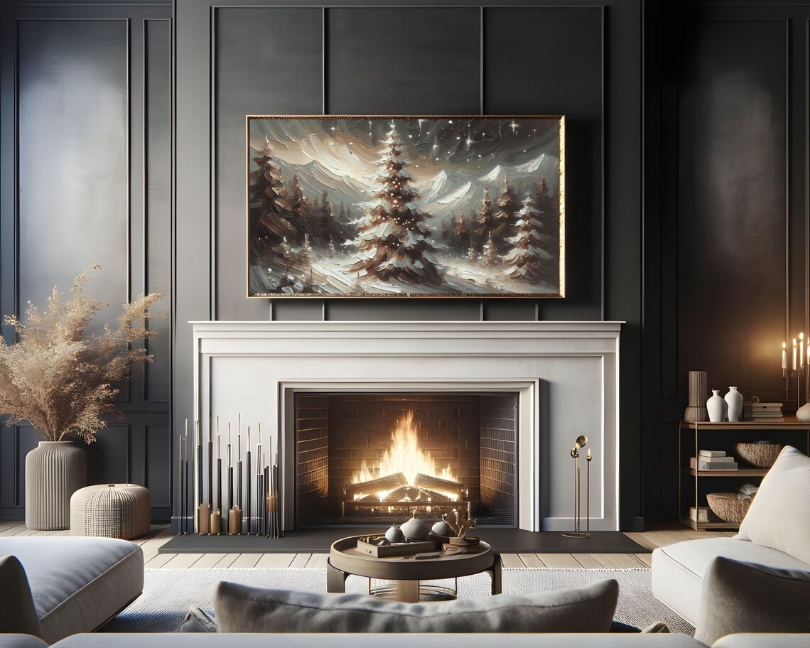 Moody Night Pine Tree Snowy Mountains Abstract Textured Frame TV Art Poster - Image 3