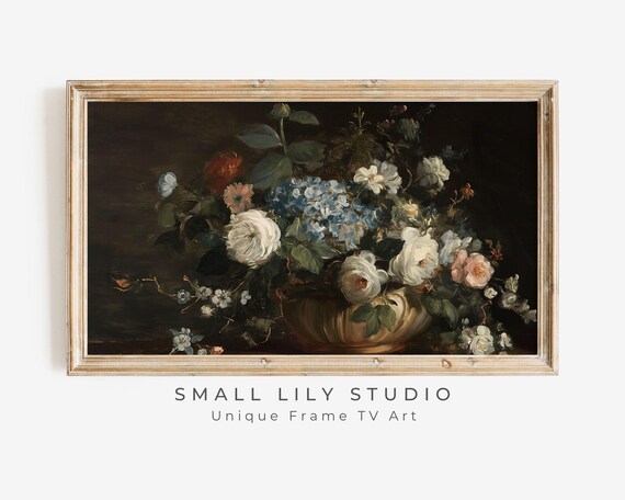 Frame Tv Art Moody Florals Hydrangea Rose Frame Tv Art Vintage Style Flower Still Life Painting Country Cottage Decor Dark Tv329