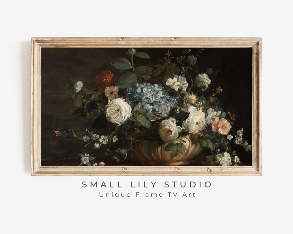 Moody Hydrangea and Rose Bouquet Dark Vintage Still Life Art Poster