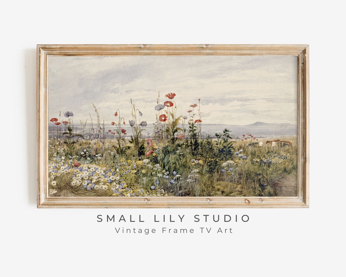 Frame Tv Art Summer Wildflower Field By Sea Vintage Spring Field Of Flowers Tv Art Warm Tone Cottagecore Tv Art Tv30