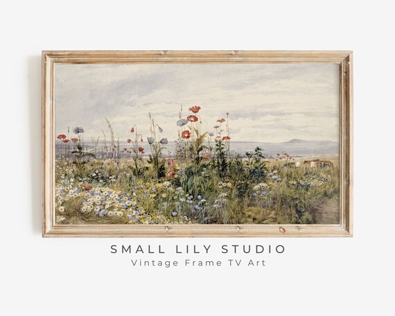 Wildflower Field With Poppies Overlooking Distant Coast Vintage Poster
