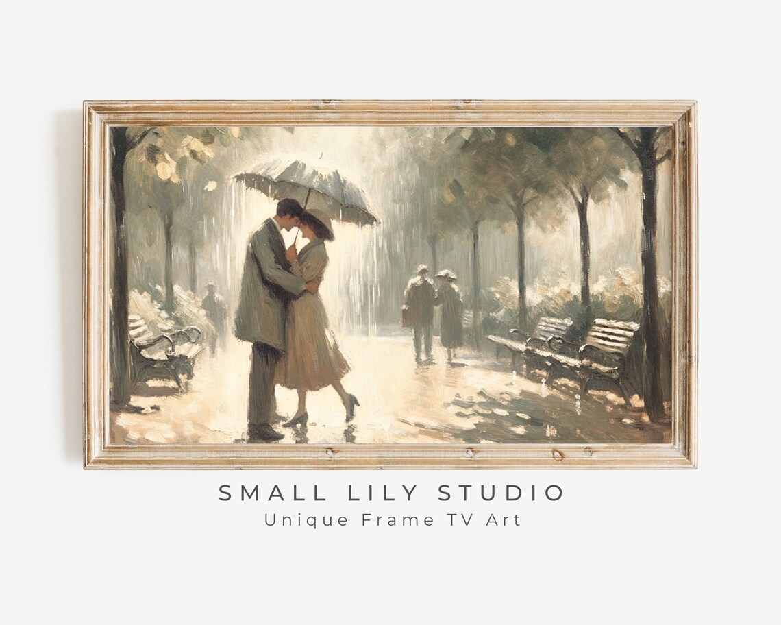 Romantic Couple Kissing in Rain Vintage Parisian Park Painting Poster