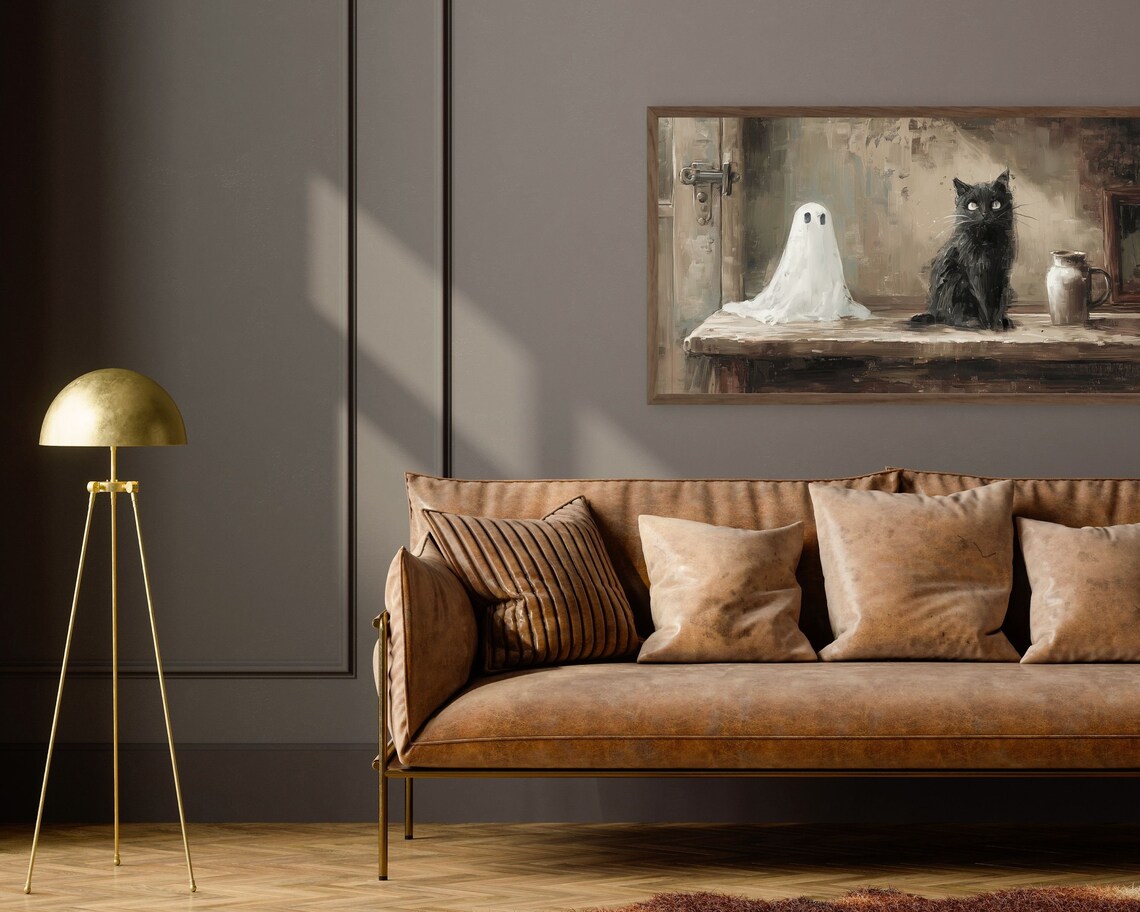 Ghost and Black Cat Rustic Farmhouse Table Vintage Halloween Painting Poster - Image 2