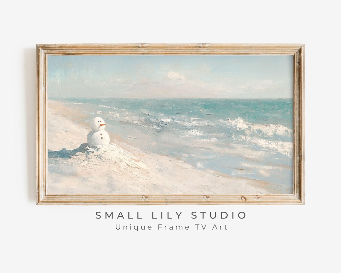 Snowman On Beach Coastal Christmas Art Print