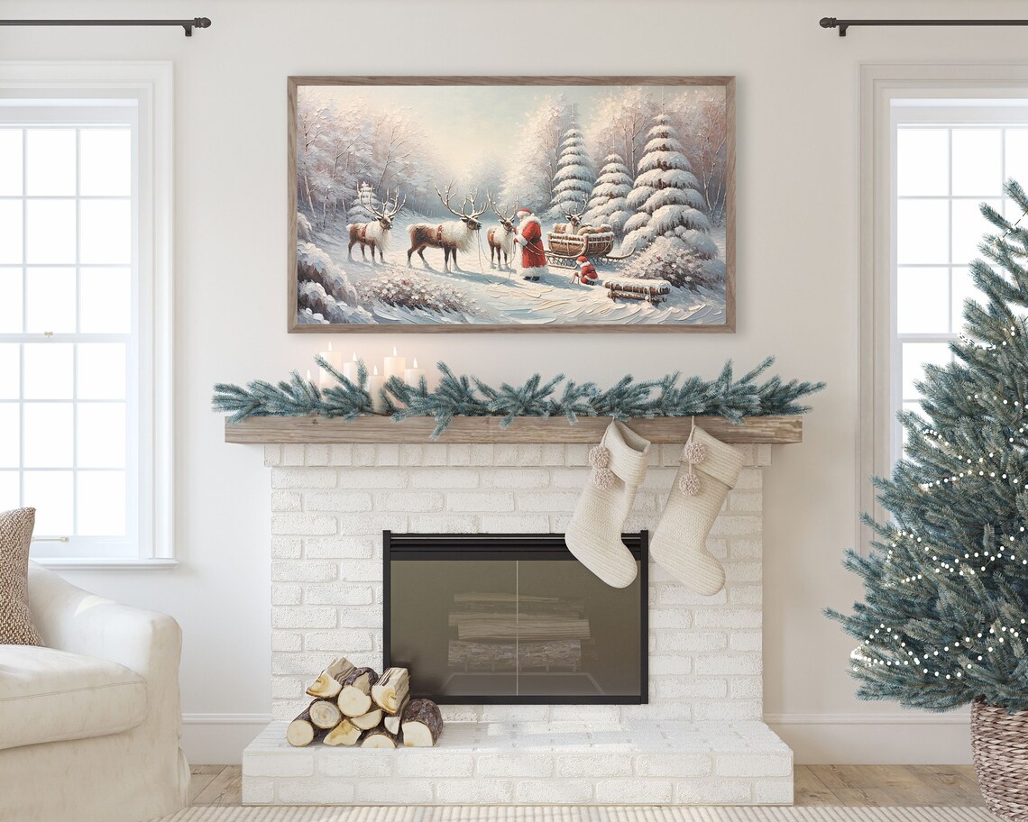 Santa And Reindeer Pink Christmas Art Print - Image 2