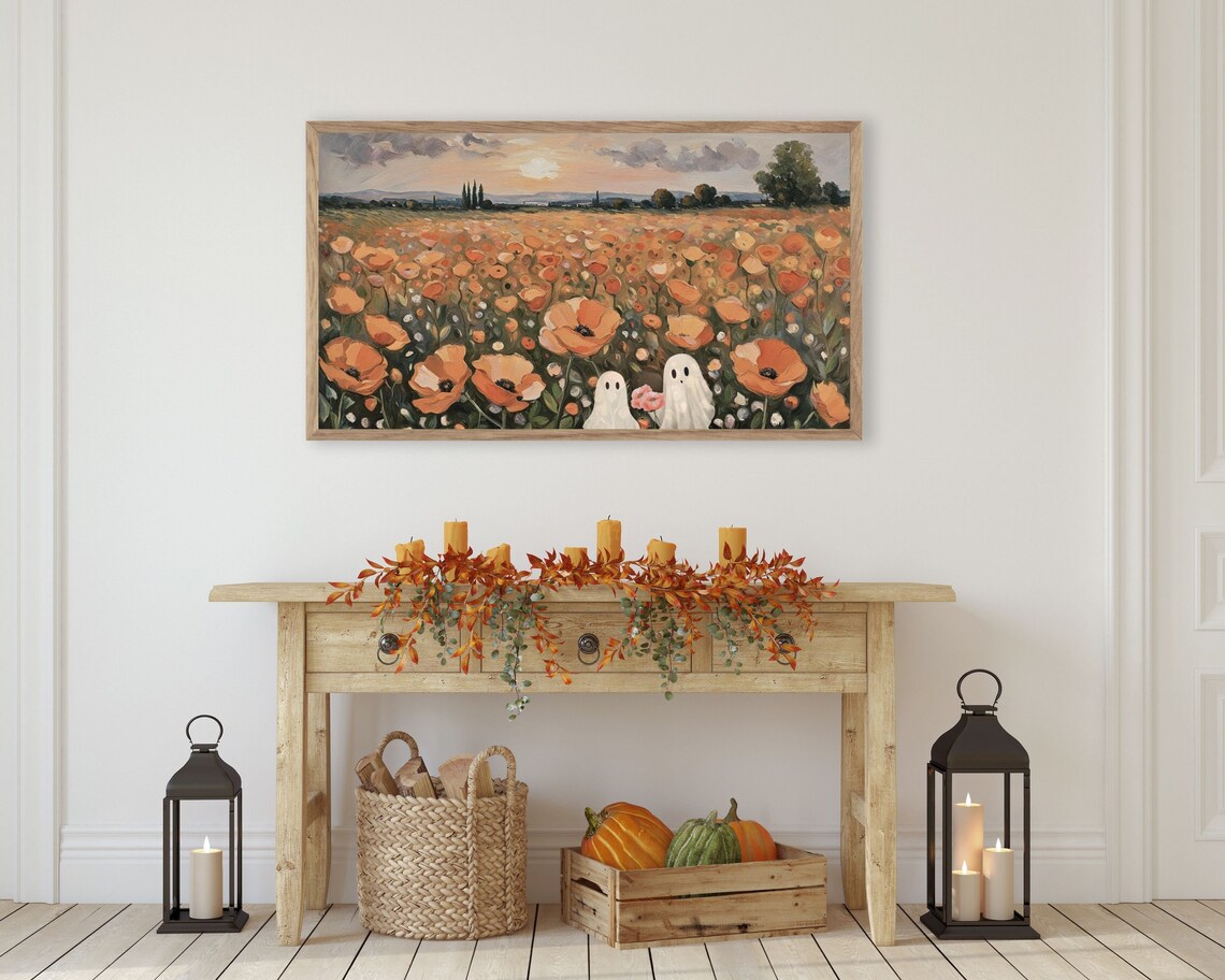 Ghost Couple Poppy Field Sunset Romantic Cute Halloween Painting Poster - Image 3