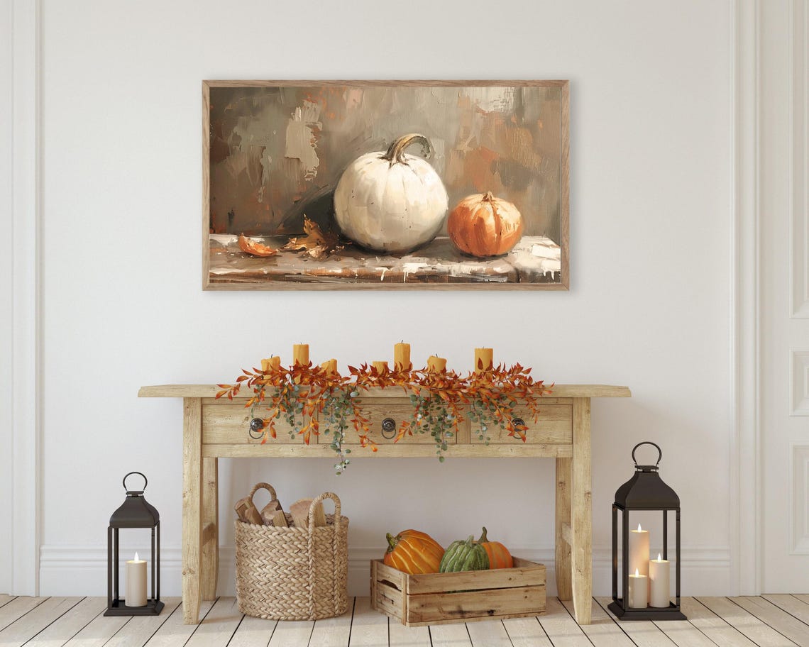 White Pumpkin And Small Orange Pumpkin On Ledge Moody Fall Poster - Image 3