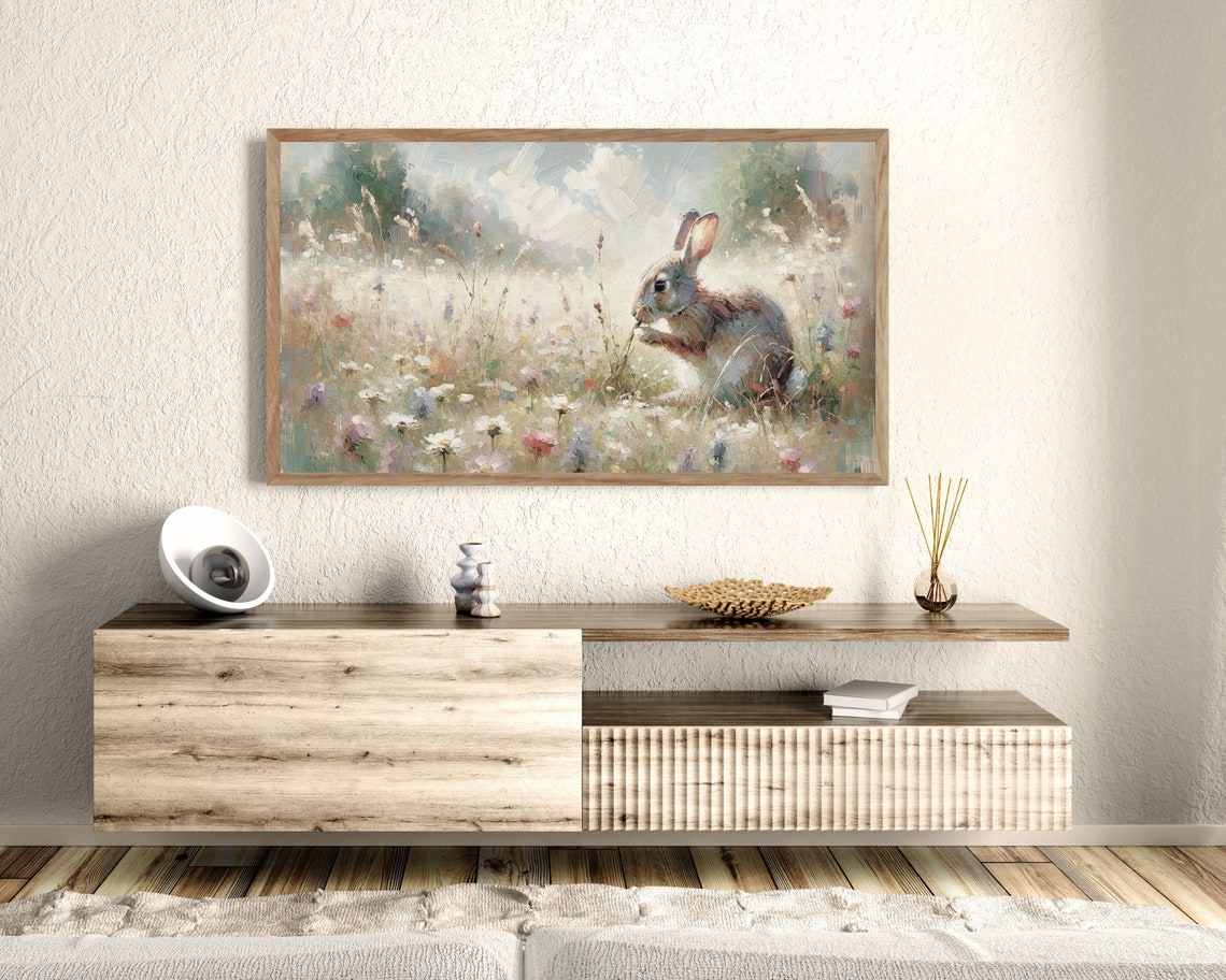 Grey Bunny Rabbit in Wildflower Field Vintage Spring Meadow Wall Art - Image 2