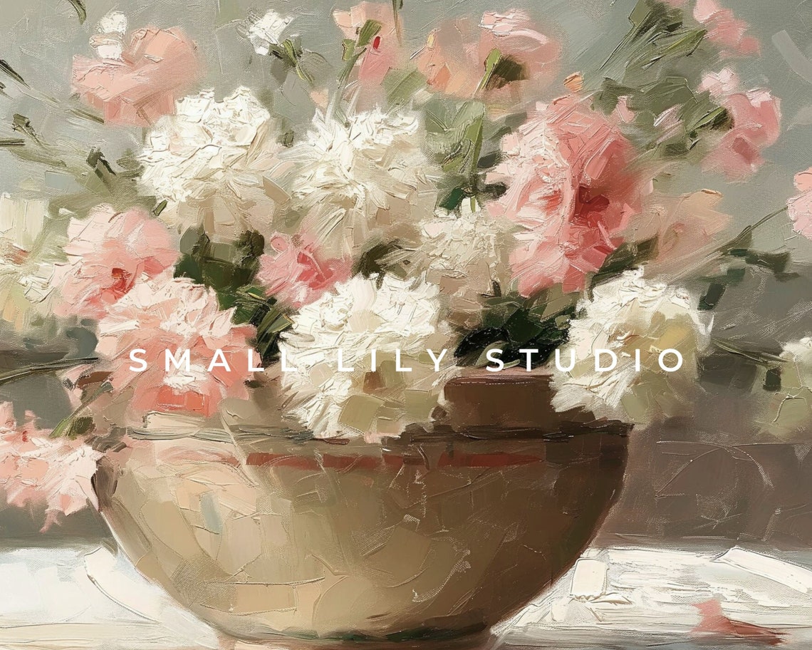 Pink and White Carnations Bowl Vintage Floral Still Life Art Poster - Image 4