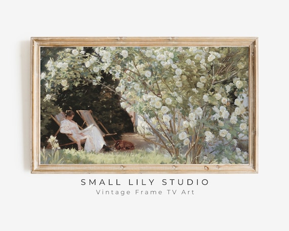Woman Reading In Rose Garden Vintage Spring Floral Oil Painting Style Poster