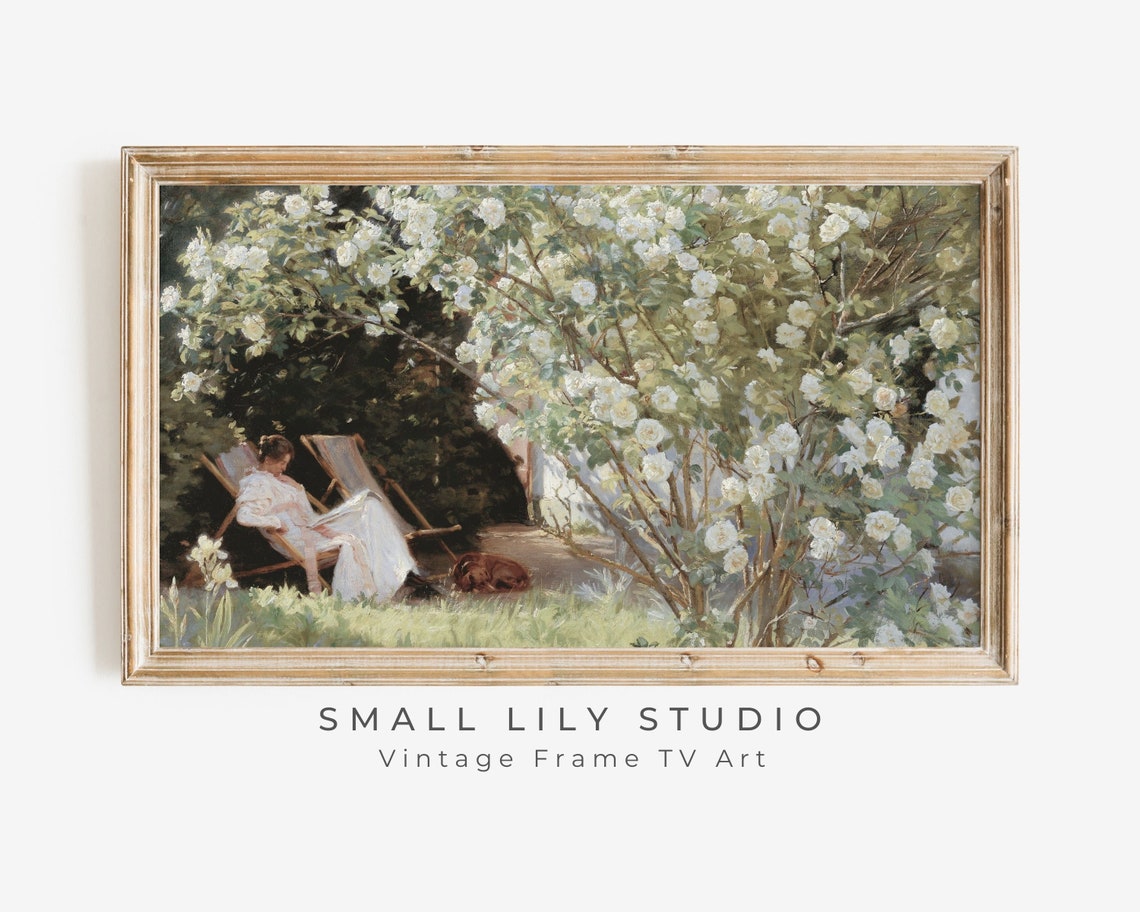 Spring Frame Tv Art Woman Reading In Rose Garden Frame Tv Art Bookish Lady And Dog Vintage Painting Country Farmhouse Art Tv228
