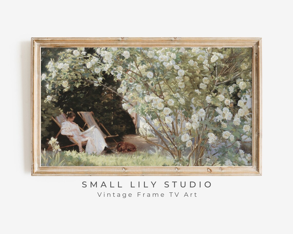 Woman Reading In Rose Garden Vintage Spring Floral Oil Painting Style Poster