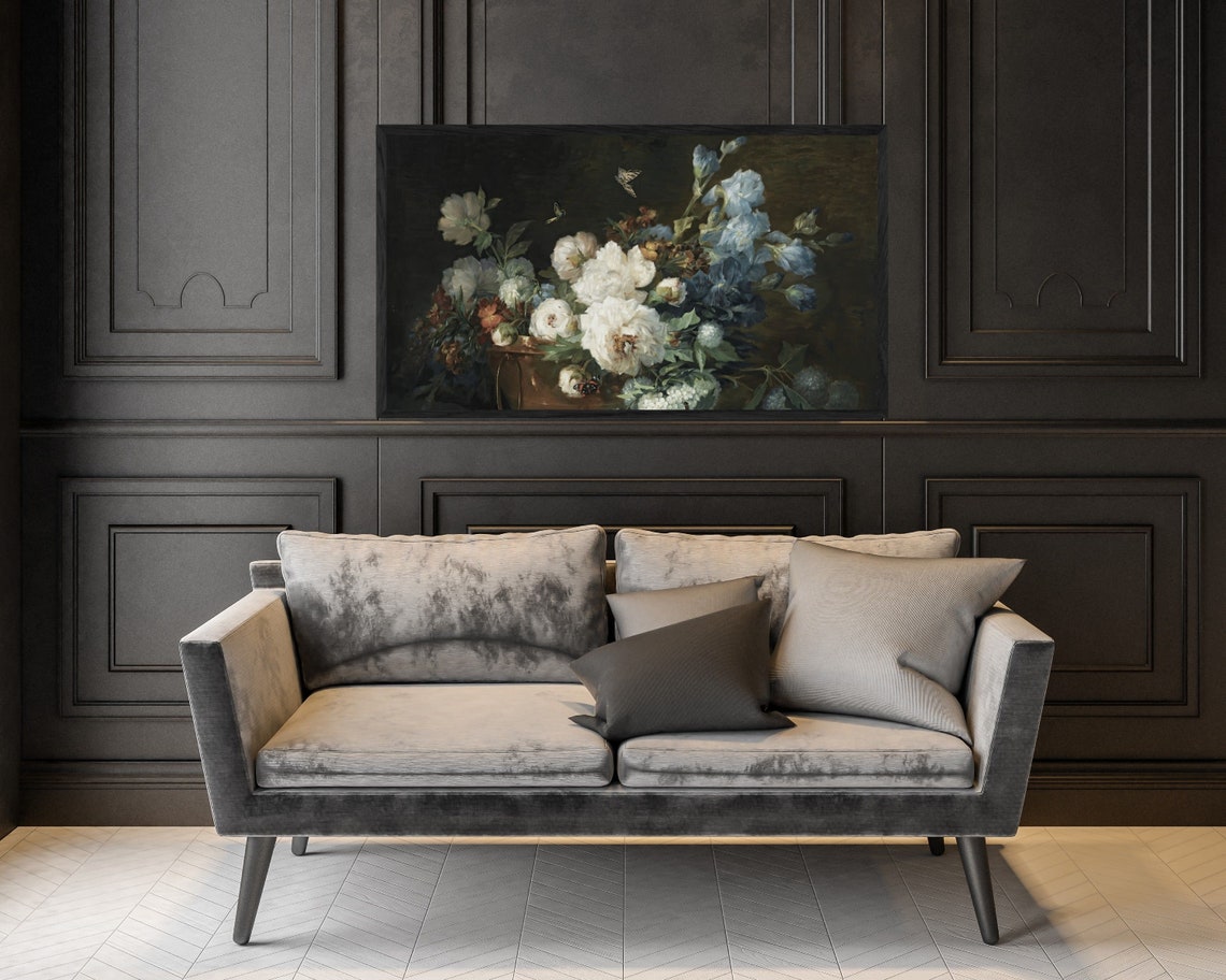 Frame Tv Art Moody Flowers Blue Moody Floral Tv Background Frame Tv Art Vintage Flower Still Life Farmhouse Painting Dark Tv69 - Image 2