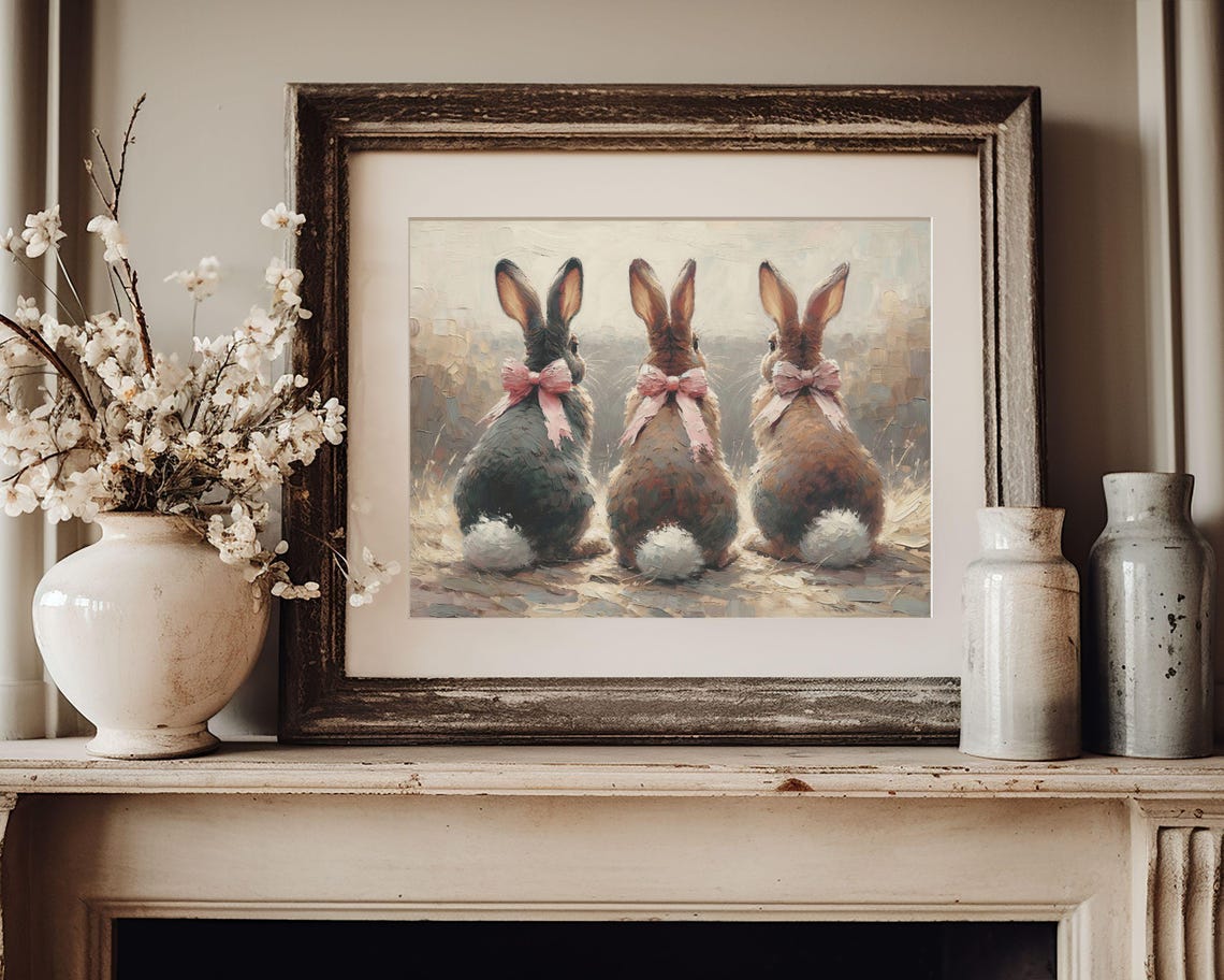 Three Bunnies With Pink Bows Vintage Rabbit Nursery Wall Art Poster - Image 2