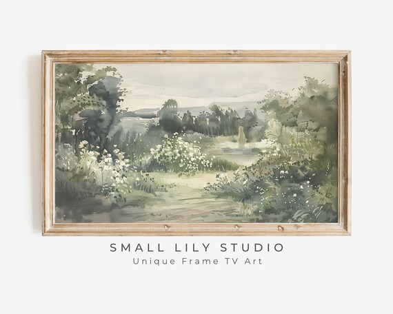 Green White Floral Garden Path Vintage Style Watercolor Botanical Painting Poster