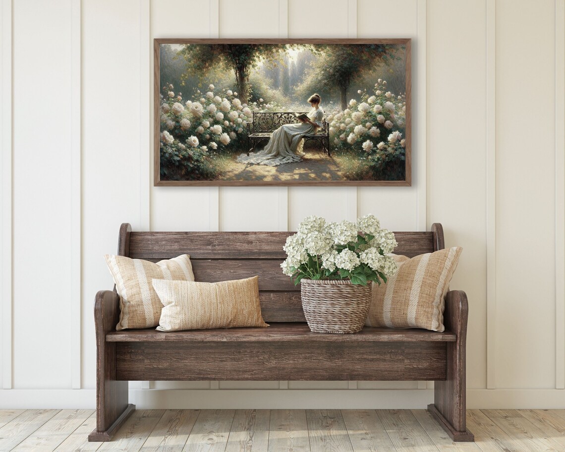 Woman Reading In White Rose Garden Bench Sunlit Romantic Scene Poster - Image 2