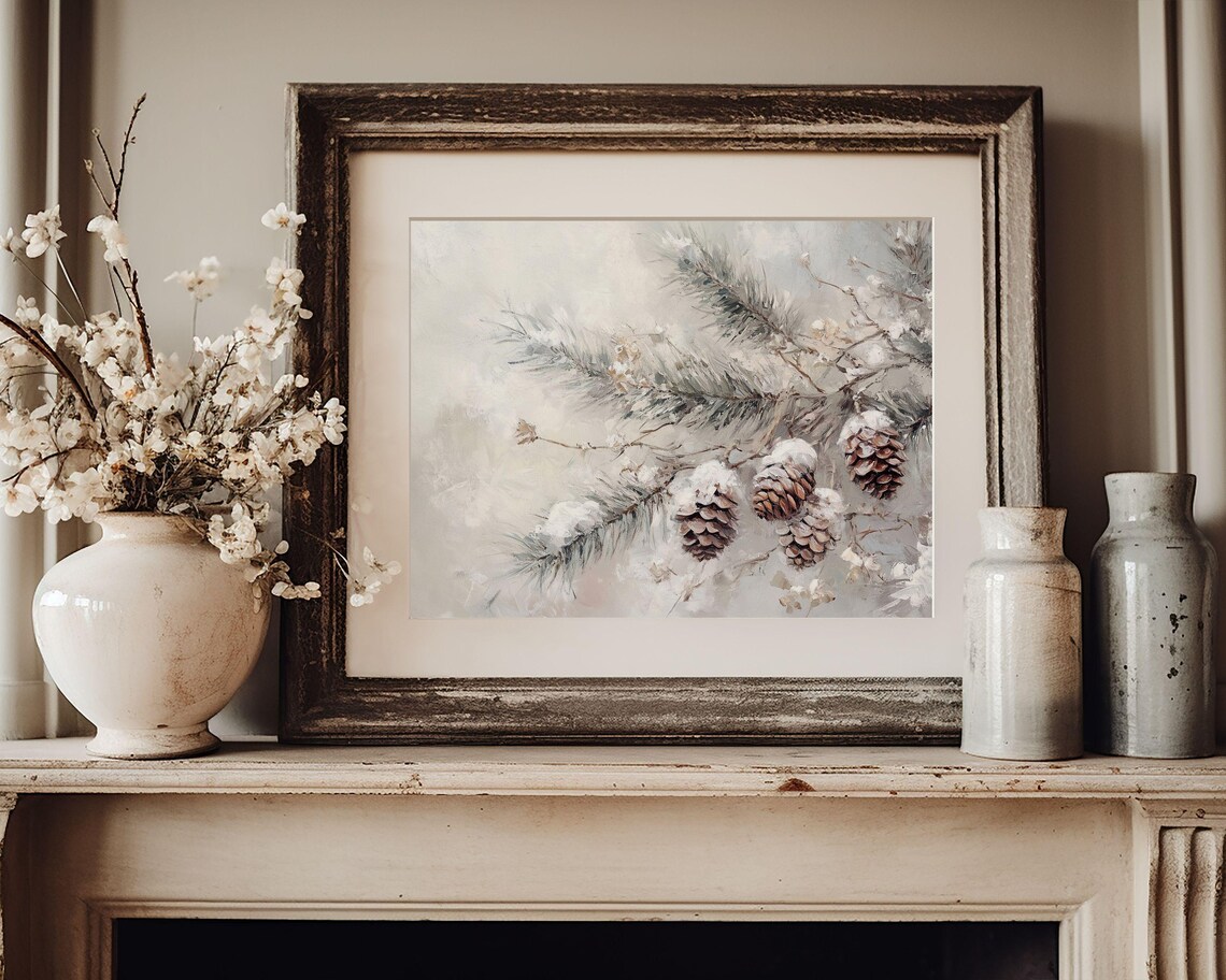 Snowy Pine Branch With Pinecones Soft White Neutral Winter Forest Print - Image 2