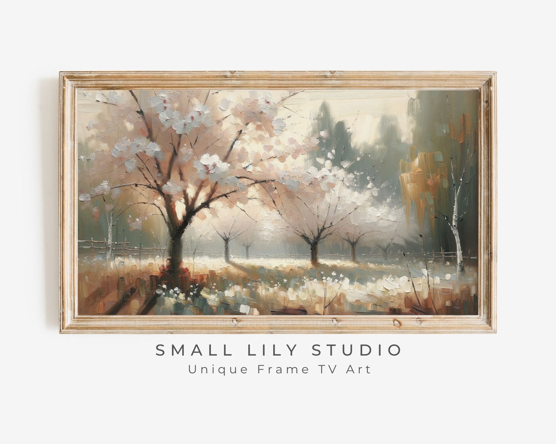 Cherry Blossom Trees Spring Meadow Vintage Textured Painting Poster