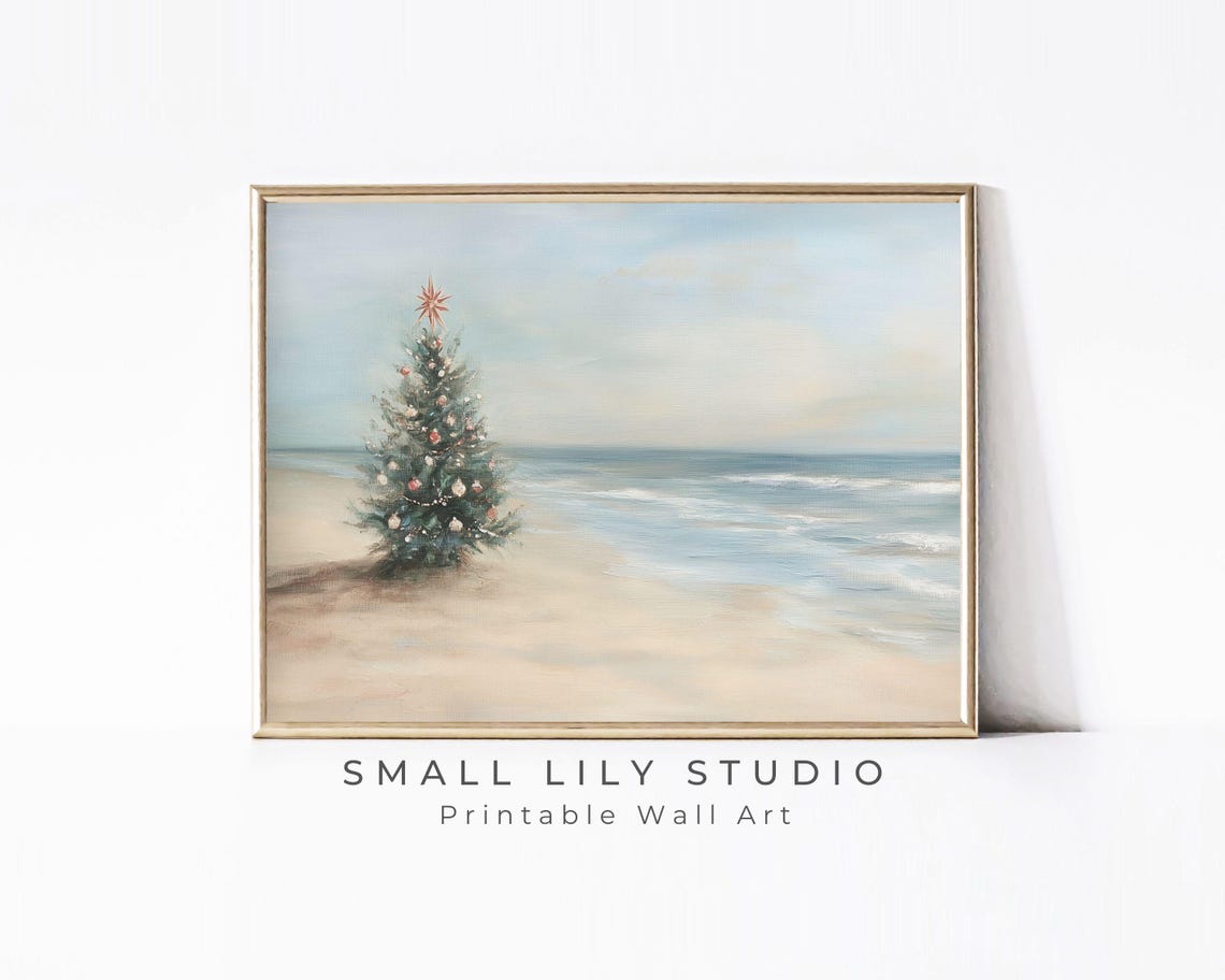 Christmas Tree on Shoreline With Waves and Star Coastal Holiday Poster