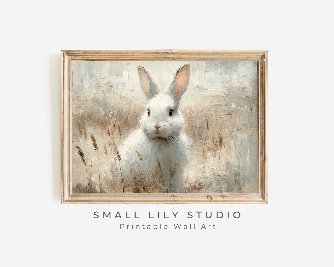 White Rabbit Portrait Rustic Wildflower Field Vintage Animal Wall Art - Image 3