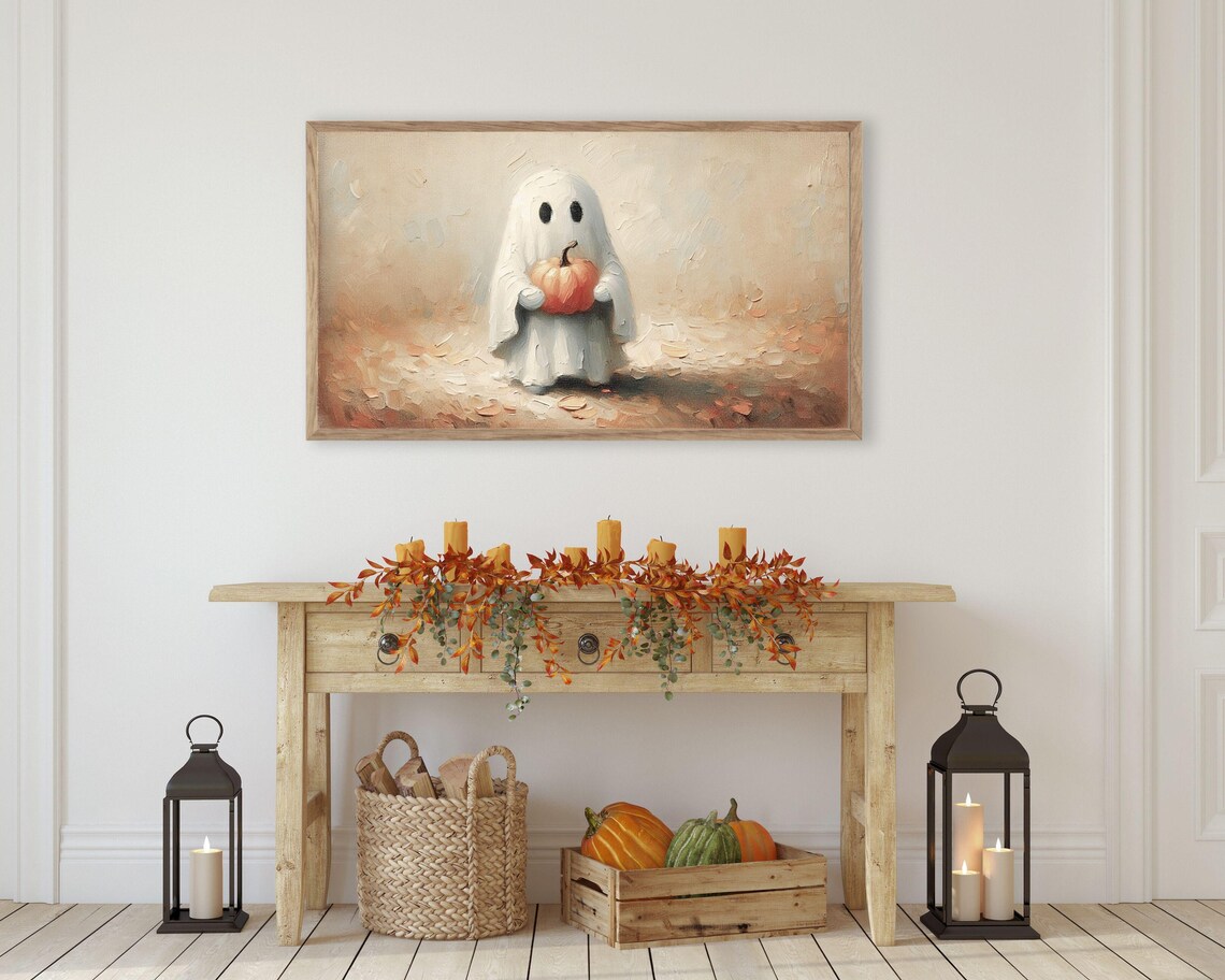 Cute Ghost Holding Pumpkin Neutral Minimalist Halloween Painting Poster - Image 3
