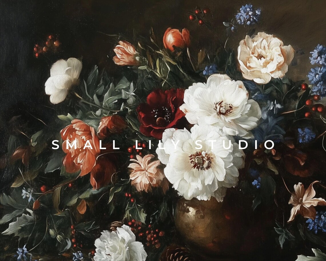 Moody Flowers And Berries Dark Still Life White Peonies Vintage Painting Poster - Image 4