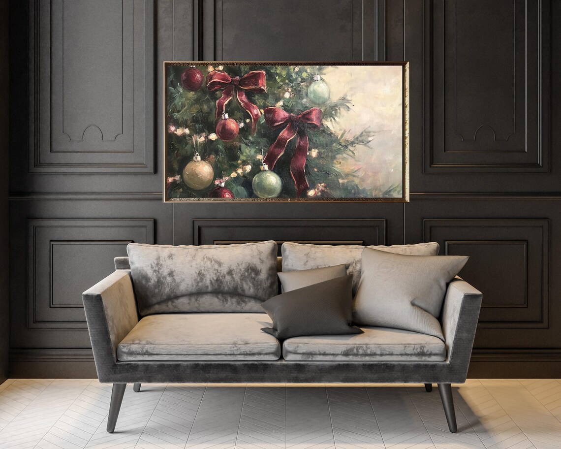 Christmas Tree With Burgundy Bows, Vintage Holiday Art Print - Image 3