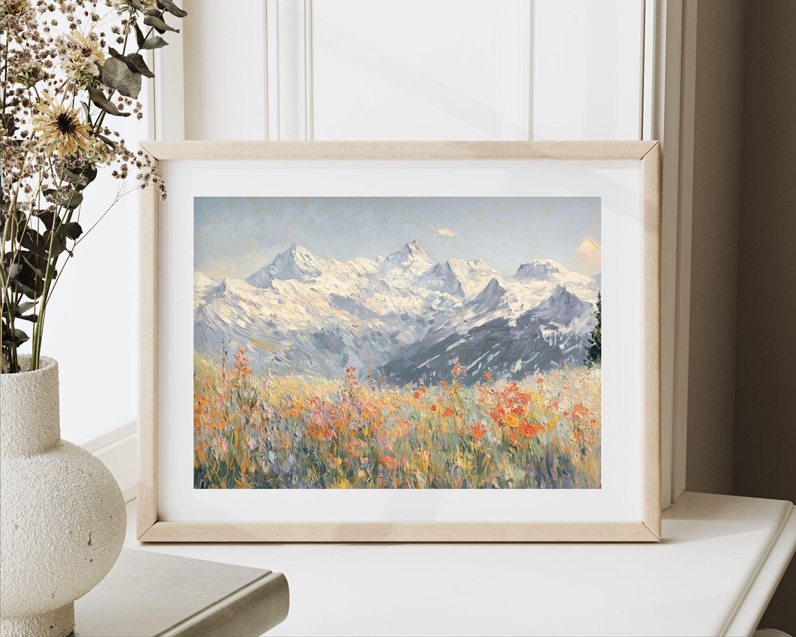 Alps Snow Peaks Wildflower Meadow Vintage Spring Landscape Painting Art Print - Image 3