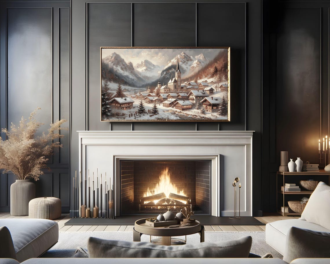 Frame Tv Art Bavarian Christmas Village Frame Tv Art Vintage Style Winter Painting Neutral Snowy Mountain Landscape Tv Art Tv474 - Image 3