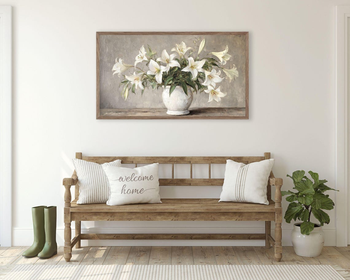 White Lilies in a White Vase Rustic Farmhouse Neutral Floral Wall Art - Image 2