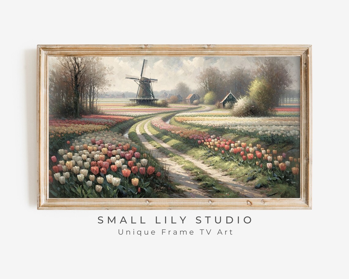 Dutch Windmill Winding Path Through Tulip Fields Spring Landscape Poster
