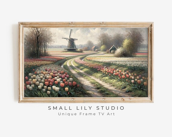 Dutch Windmill Winding Path Through Tulip Fields Spring Landscape Poster