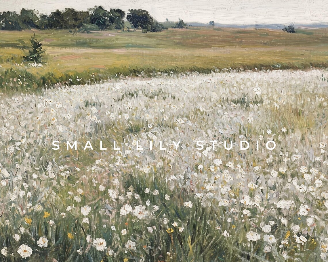 White Wildflower Field Spring Landscape, Vintage Style - Image 4