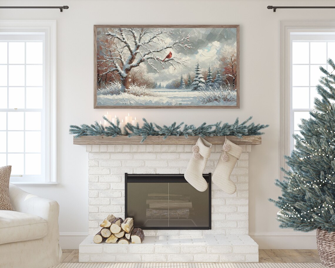 Red Cardinal Snow Branch Winter Landscape Impasto Vintage Bird Art Poster - Image 3