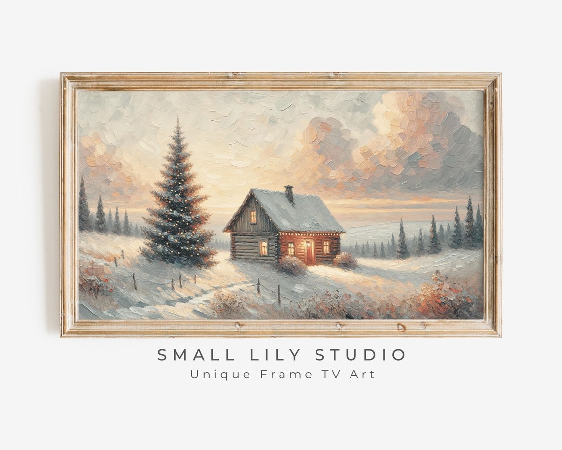 Frame Tv Art Christmas Cabin Winter Frame Tv Christmas Cottage Art Farmhouse Christmas Painting Frame Tv Art Winter Pink Tv156