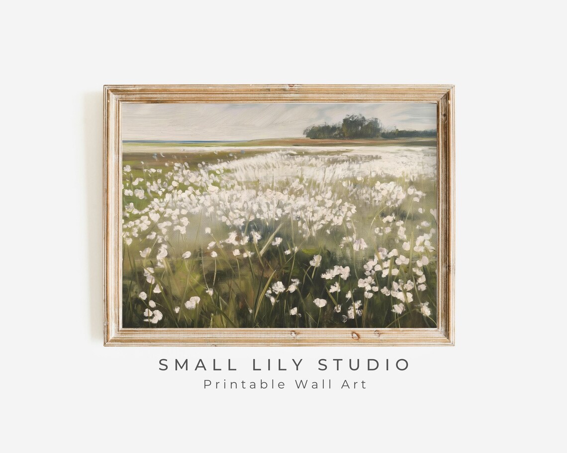 White Wildflower Field Summer Meadow Vintage Floral Landscape Painting Poster - Image 3