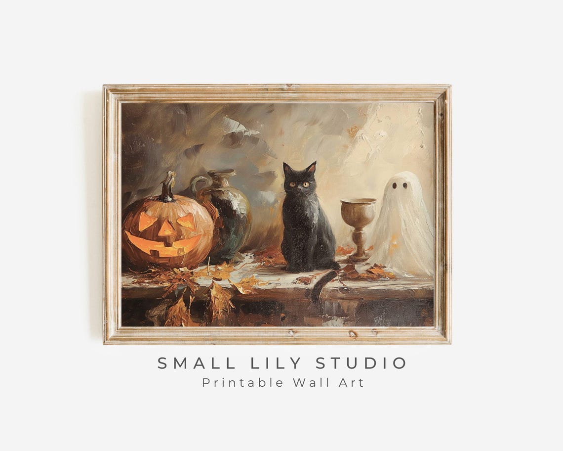 Black Cat Ghost Jack O Lantern Moody Vintage Halloween Painting Poster - Image 3