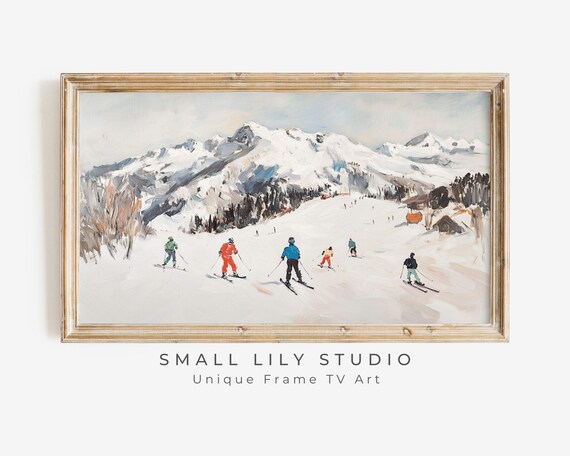 Skiers Racing Down Snowy Mountain Slope Vintage Winter Sports Scene Poster