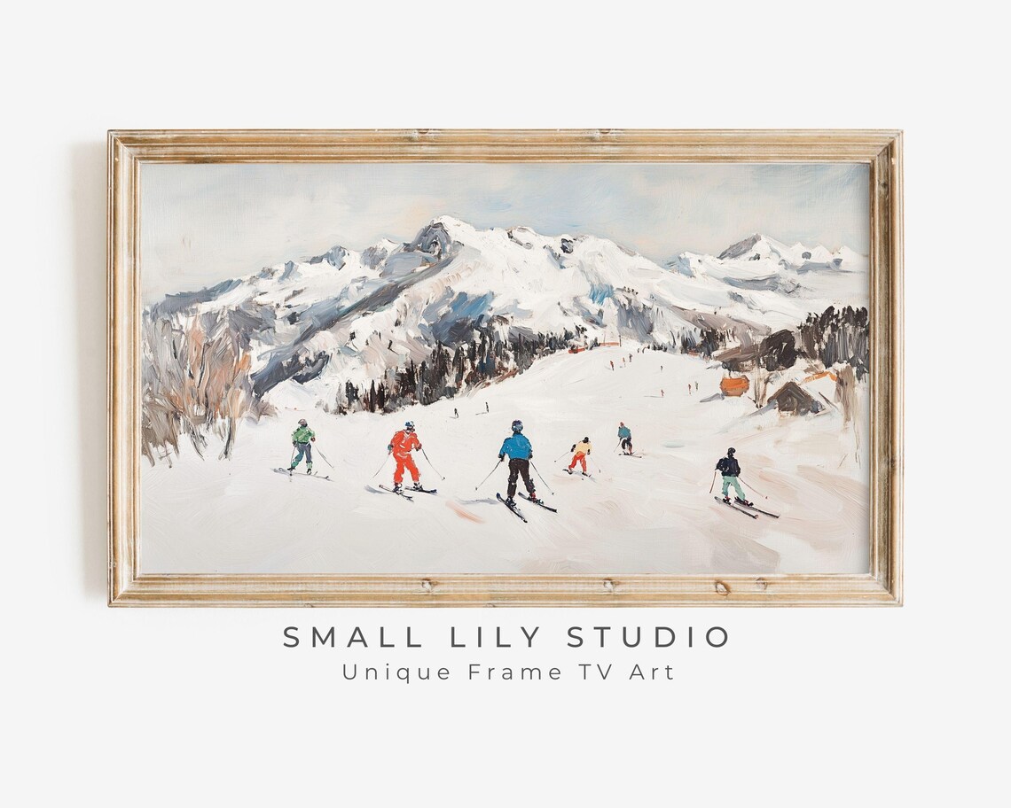 Skiers Racing Down Snowy Mountain Slope Vintage Winter Sports Scene Poster