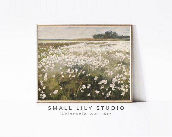 White Wildflower Field Summer Meadow Vintage Floral Landscape Painting Poster