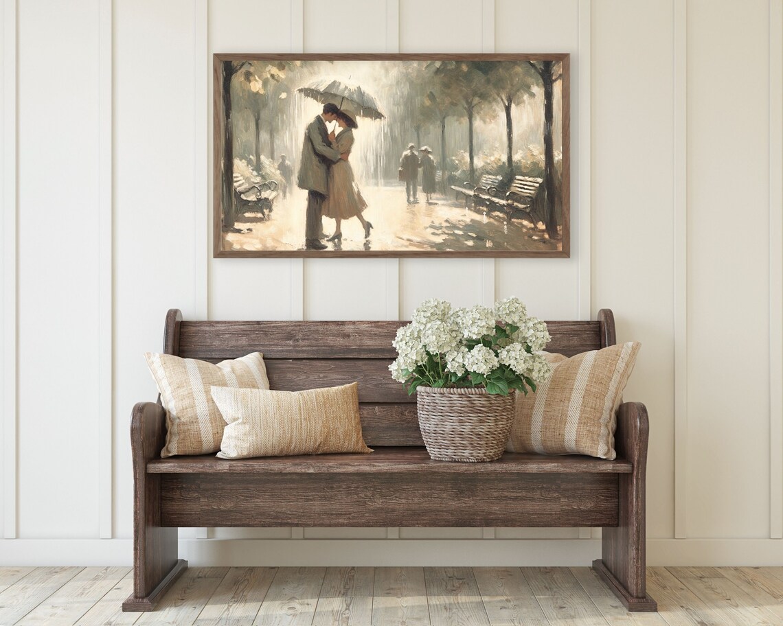 Romantic Couple Kissing in Rain Vintage Parisian Park Painting Poster - Image 2