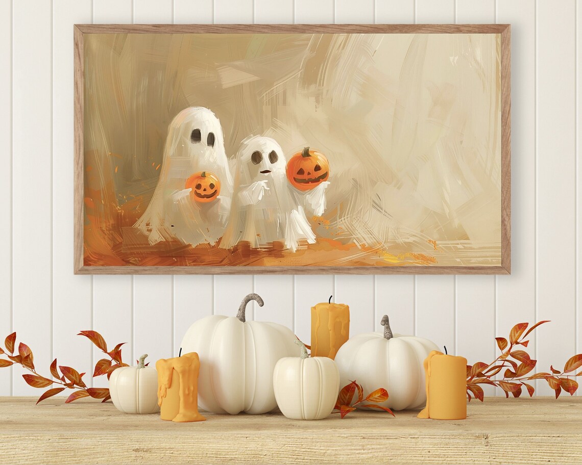 Halloween Cute Ghosts Holding Pumpkins Art Print - Image 2