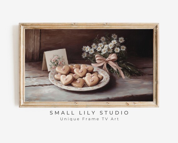 Frame Tv Art Valentines Day Cookies Frame Art Hearts And Flowers Moody Neutral Valentines Vintage Style Painting Farmhouse Tv644